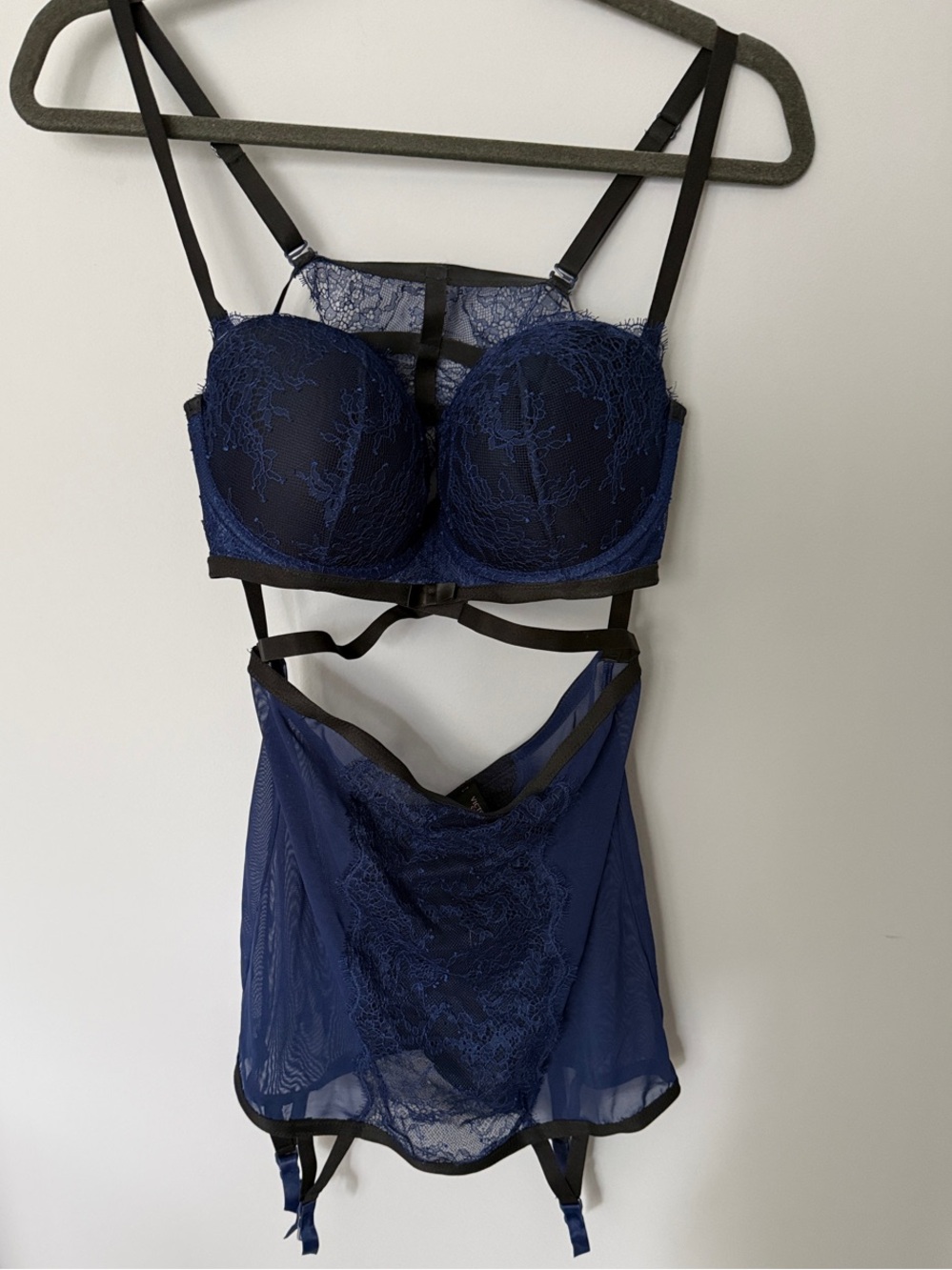Victoria's Secret Navy Blue Lace Bra & Garter Belt with Strappy Accents